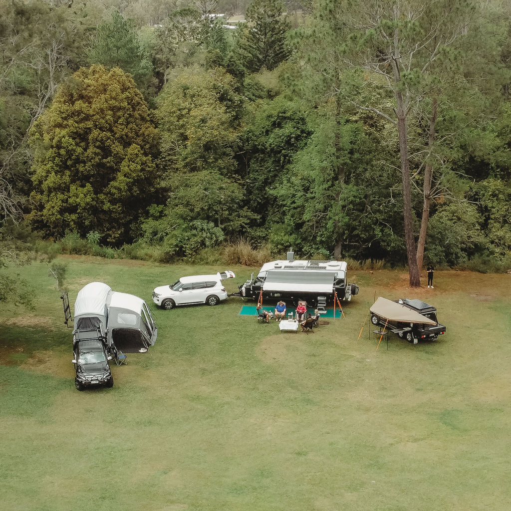 Aerial shot of campsite using Ezy Anchor Screw In Tent Pegs
