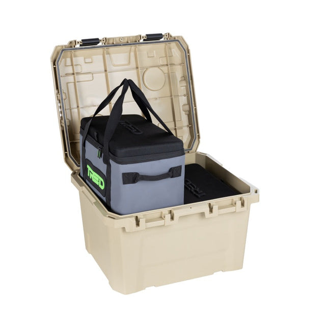 Large beige cooler box with a smaller black and gray cooler inside on a white background